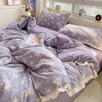 Puple Flower Printed Duvet Cover with Lace Double-layered Yarn housse de couette 220x240 Single/Queen/King Size Comforter Cover