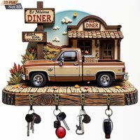 2D Flat Single-Piece Vintage Truck-Shaped Wooden Key Holder with 4 Metal Hooks | Wall Mount, Porch, Room, Villa Decor,