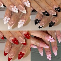 96PCS French Pointed Nail Medium Almond Fake Nail With Pearl And 3d Bow Design Fake Nail For Ladies And Girls Acrylic Nail