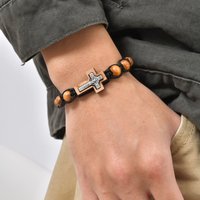 Vnox Adjustable Wood Bead Bracelets for Men, Crucifix Cross Woven Rosary Wristband, Religious Brown Wooden Bead Rope Bracelet