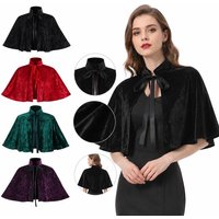 Medieval Retro Velvet Short Cape Capelet For Women Men Halloween Vampire Witch Cosplay Costume Cloak With Stand Collar Ribbon