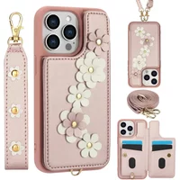 For iPhone 16 15 14 Pro Max Plus Case, Wallet with Card Holder, Cute Flower Design Crossbody Purse, Magnetic Kickstand Cover