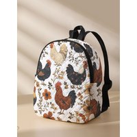 Rooster and Hen Printed Quilted Compact Backpack, Suitable for Outdoor, Travel, Campus, and Daily Use by Both Men and Women