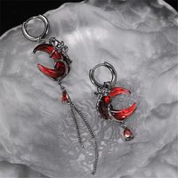 Red Moon Gem Asymmetric Earrings Personality Hip-Pop Gothic Dark Ear Pendants Tassel Chain Eardrop Far Buckle Jewelry Accessory