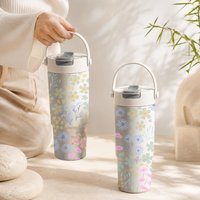 Colored Flower Pattern Vacuum Flasks 700ml Large Capacity Ceramic Inner Vacuum Cup With Tea Filter & Hidden Straw