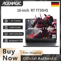 ACEMAGIC 16-calowy laptop do gier, procesor AMD Ryzen 7 7735HS, 16 GB pamięci RAM DDR5, 512 GB SSD, wyświetlacz IPS, laptop z systemem Windows 11 do