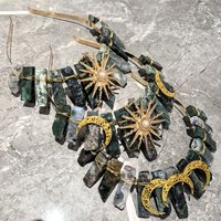 Natural Moss Agate Tiara Crown Hair Hoop Gold Moon Sun Celestial Hair Accessory Handmade Spiritual Jewelry For Party Ceremony