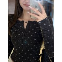 Sweet Cool Long Sleeve Henry Collar T-Shirt Women's Slim Fit Autumn Winter Unique Base Shirt Floral Print Korean Style Top