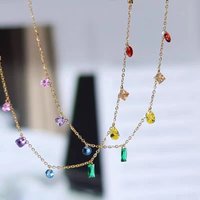Bohemia Cute Colorful Crystal Pendant Necklace for Women Luxury Gold color Stainless Steel Emerald Choker Jewelry gift Colorfast