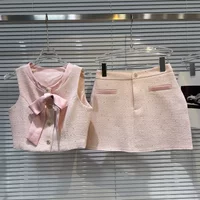 Women's Sweet Two Pieces Tweed Skirt Set Lady Summer High Street O Neck Bowknot Sleeveless Short Vest Top + A Line Mini Skirt