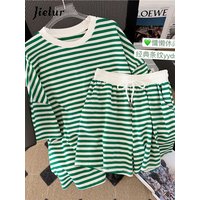 Jielur Preppy Style femmes deux pièces ensemble ample bleu vert noir haut rayé taille élastique jambe large Shorts Sport ensembles été M-XL