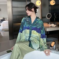 Lisacmvpnel Ice Silk Pajamas Women's Spring And Autumn Long Sleeved Cardigan High Quality Printing Suit Pyjamas