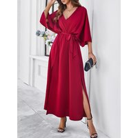Elegant Solid Party Dress Fashion V-neck Bat Sleeves High Waist Lace Up A-line Long Dress Spring Summer New Commuting Dresses