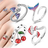 Hot Sales 925 Sterling Silver Ring Dragonfish Tail Sweet Cherry Heart Ring For Women Ring Wedding Party Jewelry Accessories Gift