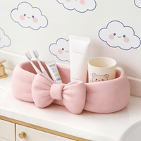 Cute Bow Bathroom Desk Organizer Pink Makeup Desk Tray Cute Toothbrush and Skincare Storage Box