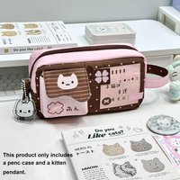 Cute Cat Pencil Case Pen Pouch Detachable Kitten Charm Pink Brown Desk Organizer Bag Japanese Stationery Storage Box School Gift