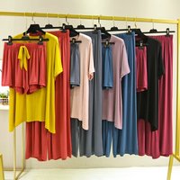 Modal 3pcs Homewear sets Contrast Color Short sleeves Tshirt Wide Leg Pants and Shorts Loose Pajamas set Casual Sleepwear suit