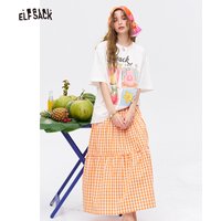 ELFSACK Women's 2 Piece Outfit, Watercolor Fruit Print Short Sleeve Tee + Orange Gingham Tiered Midi Skirt, Casual Co-ord Set