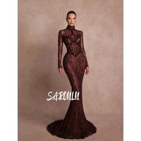 Brown Lace Mermaid Evening Dress See Through Beaded Cocktail Gown Customized Formal Events Gorgeous High Neck Party Wear