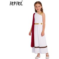 Kid Girls Ancient Greek Roman Athena Goddesses Costume Sleeveless Shawl Cape Toga Dress Worship Robe for Halloween Cosplay Party