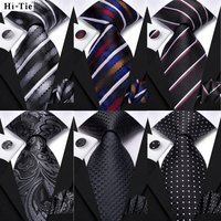 Hi-Tie New Striped Black White Silk Elegant Tie For Men Groom Wedding Men Necktie Pocket Square Cufflink Accessory Wholesale