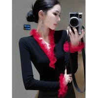 V Neck Contrast Patchwork Elegant T Shirts New Women Clothes Long Sleeve All-match Youth Trend Tops Fashion Casual Spring Autumn