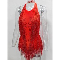 2024 Sparkly Rhinestones Fringes Bodysuit Women Nightclub Outfit Glisten Dance Costume One-piece Dance Wear Singer Stage Leotard
