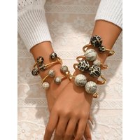 Leopard Print Marble Texture Beaded Cuff Bangle Gold Metal Open Bracelet for Women Fashion Daily Wear with Bead Accessories Gift