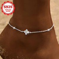 S925 Sterling Silver Hypoallergenic Clover Flower CZ Anklet Fashion Daily Wear Vacation Valentine Birthday Mother Day Gift