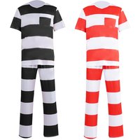 Funny Style Adult Striped Jail Costume Classic Halloween Prisoner Cos Set for Real Escape Room Themed Events and Performance