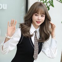 NAMM Long Wavy Women Grey Brown Wig For Women Daily Party Long Wavy Wigs Synthetic Wigs With Fluffy Bangs Heat Resistant