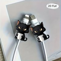 2D Flat, 2pcs Playful Angry Black Cat Plastic Cable Protector Anti-Breakage Charger Cord Protection Cover For iPhone /Type-C
