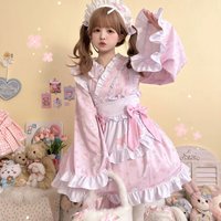 Japanese Kawaii Lolita Dress Women Sweet Cute Bunny Print Bow Party Mini Dresses Harajuku Y2k Ruffes with Apron Maid Lolita Set