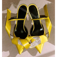 Yellow Silk Rhinestone Decor Slippers Pointed Toe Solid British Style Slip on Fashion Summer Women Shoes Zapatos Para Mujere