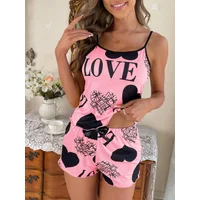 Women's Heart Print Summer Sleepwear Cami Top and Shorts Night Sleep Wear Pajamas 2 Pcs One Set Comfy Top with Shorts Pajamas