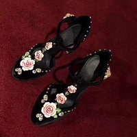 Black Flower Diamond Fleece Pumps Round Toe Chunky Heel Fashionable Sexy Cool Western Summer Woman Shoes Zapatillas Mujer