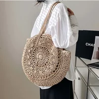 Summer Vacation Women Woven Round Straw Hollow Out Large Capacity Beach Shoulder Simple Tote Bag