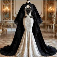 Gothic Mermaid Lace Wedding Dress With Wrap High Collar Long Sleeves Black And Ivory Medieval Period Bridal Gown Customized