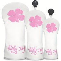 Golf Wood Head Cover with Lucky Clover Pattern - for 1-Wood, 3-Wood, White Club Protector, Scratch & Dent Protection