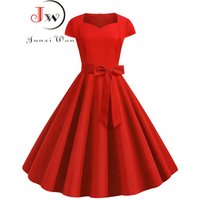 Robe d'été Vintage pour femmes, rouge uni, col carré, rétro Rockabilly, robes de soirée, ceinture