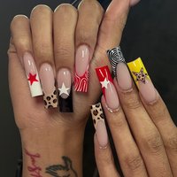 24pcs Sweet Cool y2k Star Press on Nails Leopard Print French Long Ballet Fake Nails for Women Wearable Gothic Punk False Nails