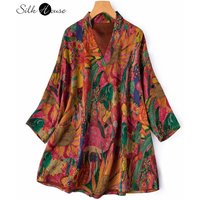 Plus Size Exotic Style Breathable 100% Natural Mulberry Silk Fragrant Cloud Yarn Retro Pocket Design V-neck Drop Sleeves T-shirt