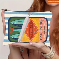 Sardine Partners Graphic Makeup Bag - Beige, Foldable & Lightweight Linen Travel Pouch with Zipper Closure