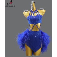 Blue Dance Costume For Girl Latin Clothes Competition Outfit Women Feather Skirt Stage Sport Dancewear Sexy Party Suit Customize