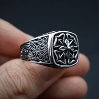 Retro "Floral Edge" Four-leaf Clover Adjustable Open Ring For Men Silver-plated Copper Gothic Punk Edgy Jewelry Accessories Gift