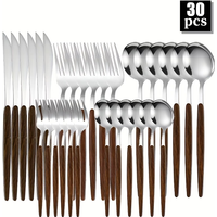 30pcs Portuguese stainless steel cutlery set features wood-grain handles, is dishwasher safe, and is suitable for home, kitchen,