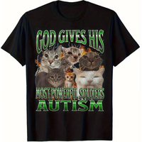 Men's Autism Awareness Cat Graphic T-Shirt, God Gives His Most Powerful Soldiers Funny Print Tee, Casual Crew Neck Vintage Top