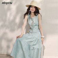 MISHOW Denim Clothing Two-Piece Set For Women 2026 Summer New Ribbon Collar Vest Top Pleats A-Line Skirt Fashion Set MXF27T1664