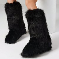 2026 Furry Fluffy Women Snow Boots Warmplush Knee High Flats Luxury Fashion Punk Goth Cosplay Women Winter Shoes