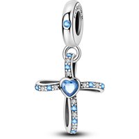925 Sterling Silver Cross Heart Charms Blue CZ Clear CZ Dangle Beads Fit Bracelets Necklace Women Easter Religious Jewelry Gift